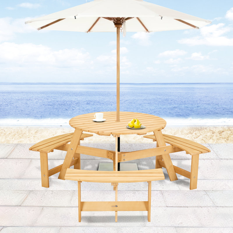 Table de pique-nique pour 6 personnes avec trou pour parasol et 3 bancs intégrés - Étanche, imperméable, bois naturel pour l'extérieur, bancs spacieux, porche de jardin