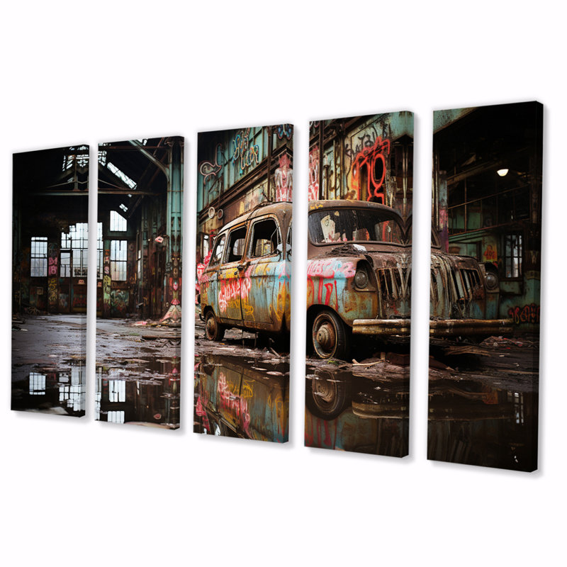 USA Urban Vintage Decay - reproduction d'art sur toile rétro - 5 panneaux égaux