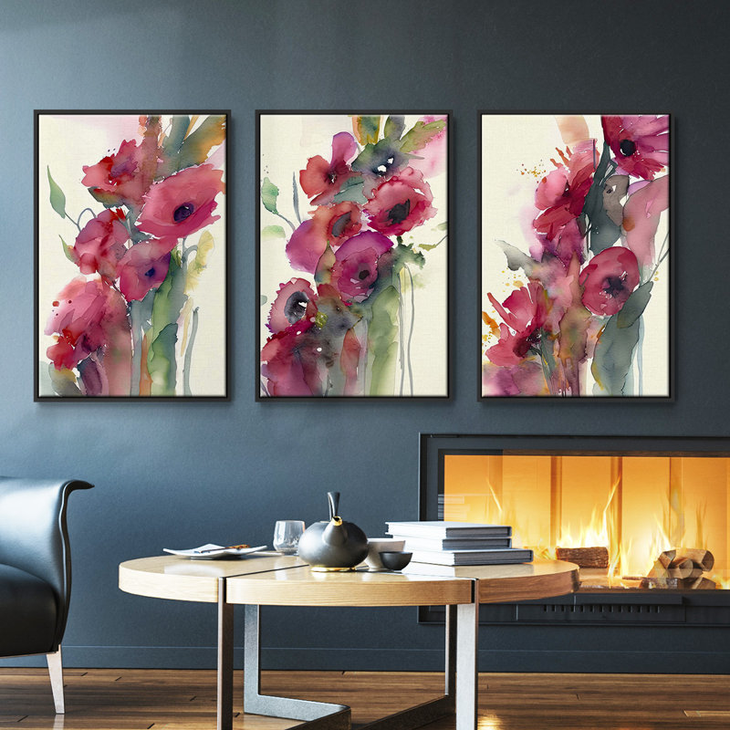 «Poppy Summer I», ensemble de 3 toiles encadrées, Noir, H 40 po x l 78 po