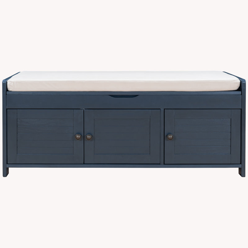Linen Blend Upholstered Storage Bench, Antique Navy