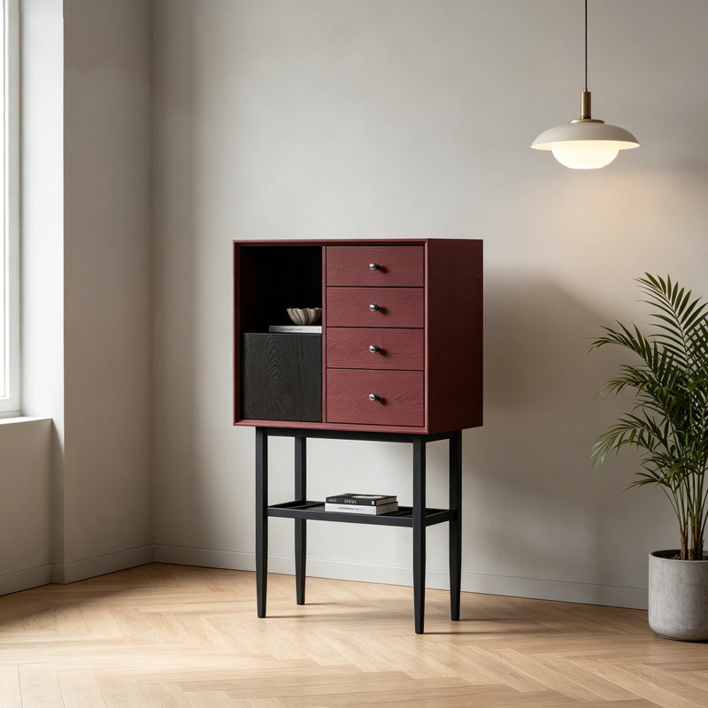 Commode 4 tiroirs 27,56 po bourgogne minimaliste avec compartiment ouvert et armoire de rangement multi-tiroirs 27,56 po