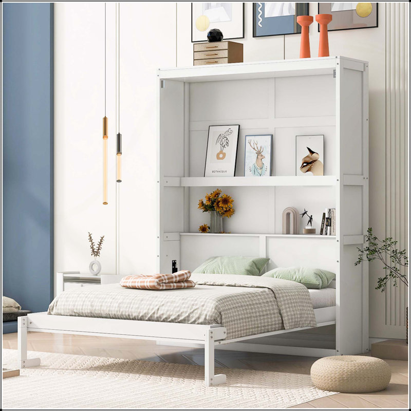 Lit escamotable mural avec tablettes Murphy, Blanc, Double