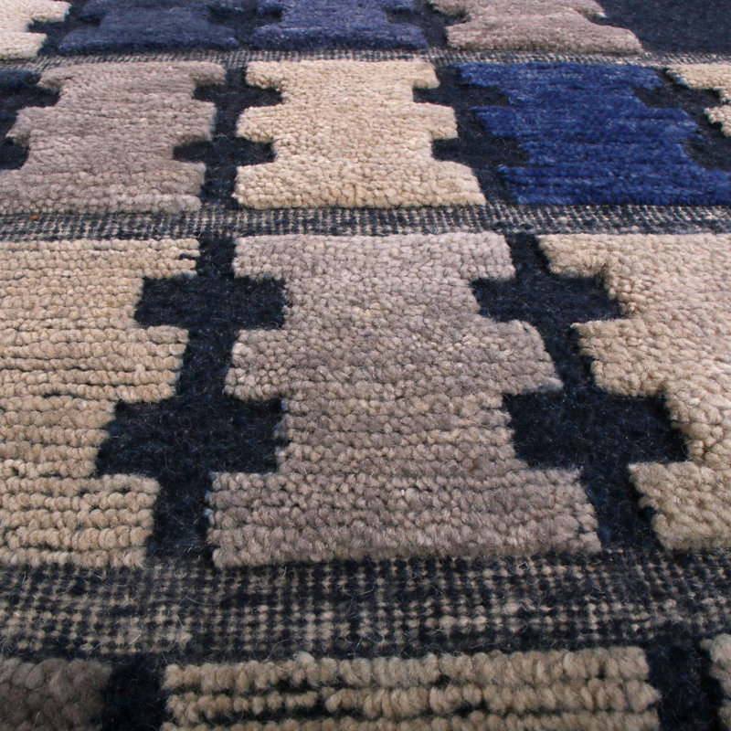 Rug & Kilim’S Scandinavian Geometric Silver Gray And Blue Wool Pile Rug, Rectangle 5' x 7'