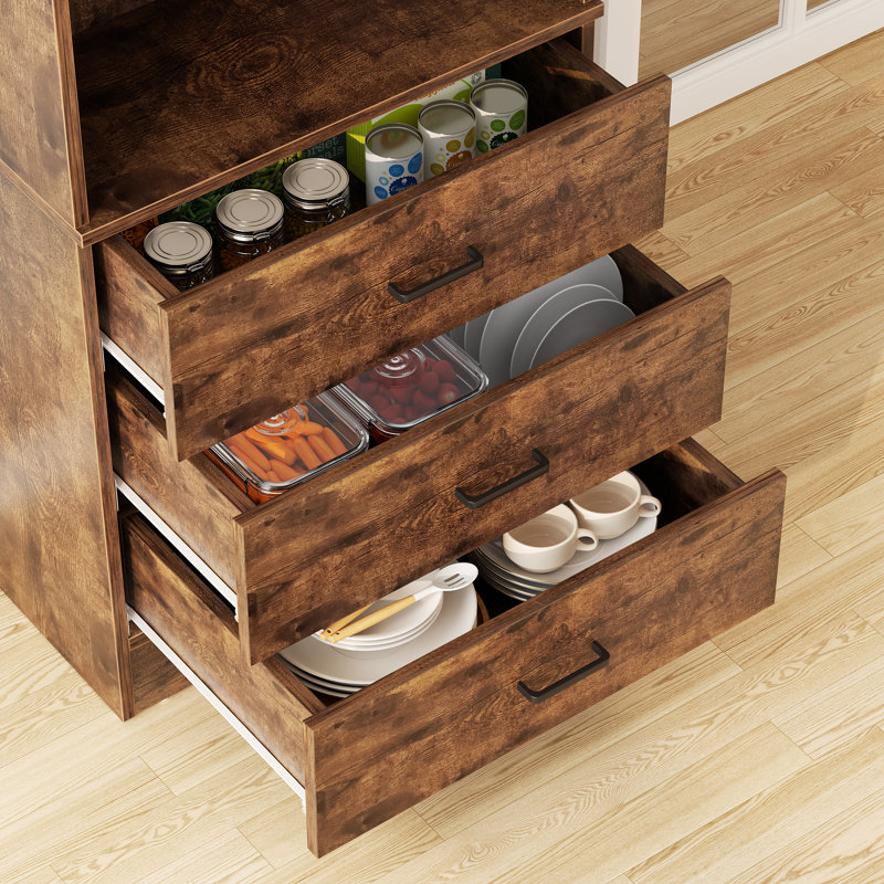 Garde-manger 71 po avec station de charge et 3 tiroirs, Bois rustique