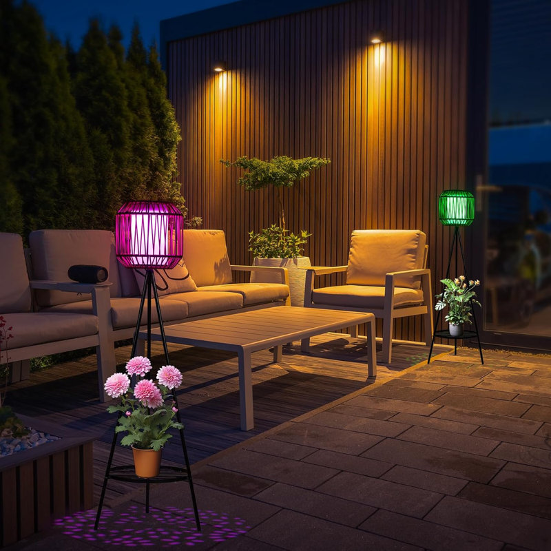 Solar Outdoor Rattan Lamps With 9 Color Options, Plant Stand, USB & Solar Powered For Patio Yard Path