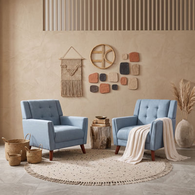Ensemble de 2 fauteuils club modernes capitonnés en tissu avec pieds fuselés en bois massif pour salon/salon