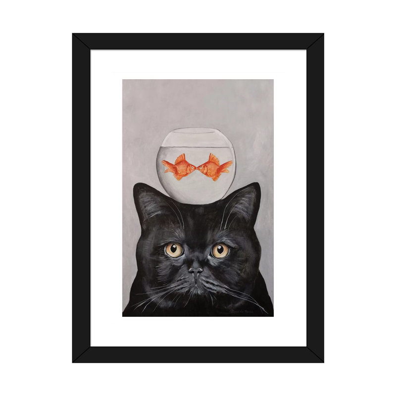 «Cat with Fishbowl» par Coco De Paris - impression d'art graphique, H 32 po x l 24 po x P 1 po, Papier encadré noir, Blanc
