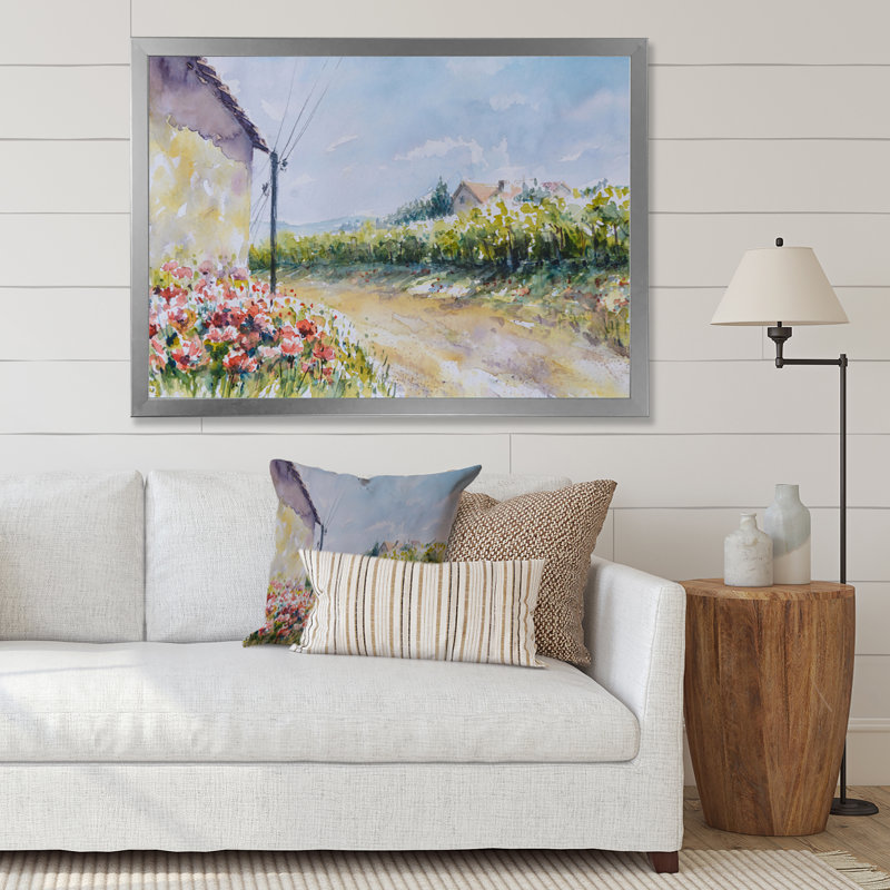 Fleurs de coquelicot par une campagne - peinture sur toile, H 34 po x l 44 po, Cadre de coin argenté fermé