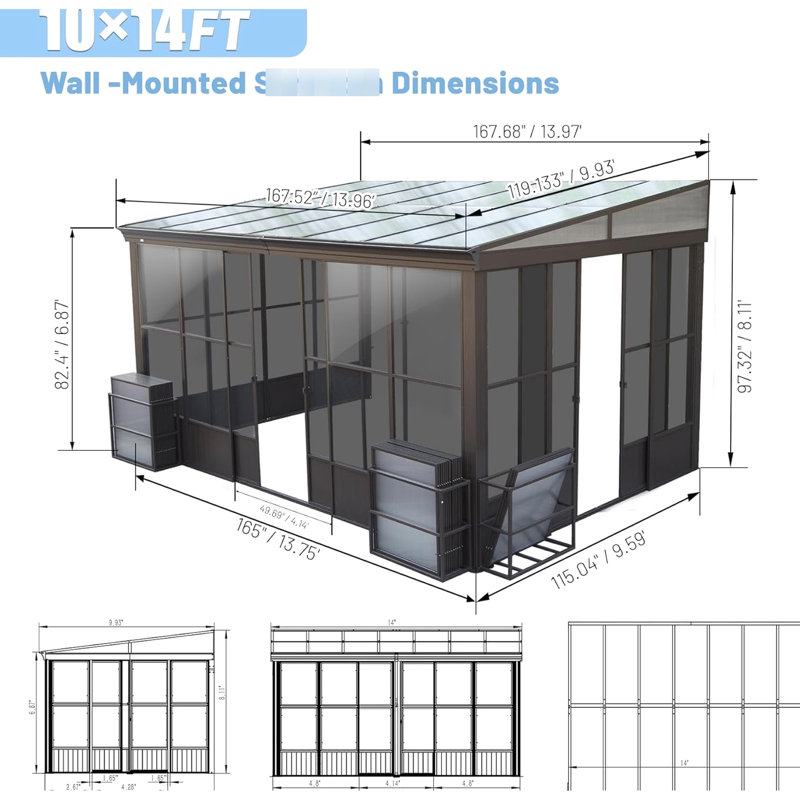 All Season 10x14ft - Outdoor Aluminum Construction With Detachable Pc Screens And Lockable Sliding Doors For Patio Lean To Gazebo Windows 2 Garden Deck