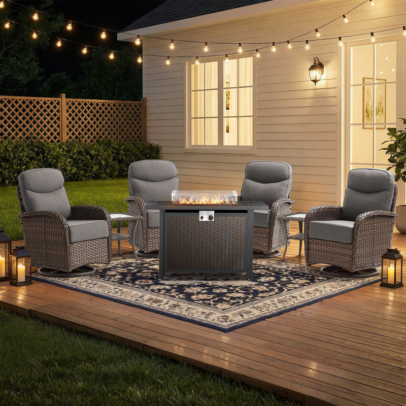 Himonia 4-Person Wicker Patio Rectangle Metal Fire Pit Table Conversation Set With Swivel Gliders And Side Tables, Gray