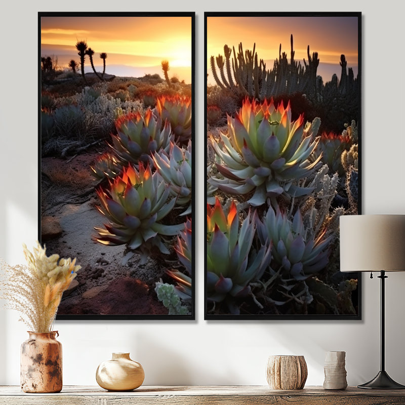 Succulent désert cactus champ brûlant au coucher du soleil III - grande décoration murale succulente, 40" H x 40" W, Black