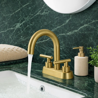 KES Brushed Gold Bathroom Faucet Modern 4 Inches Centerset Vanity Faucet Brass Construction Brushed Gold Finish, Sink Drain Not Included