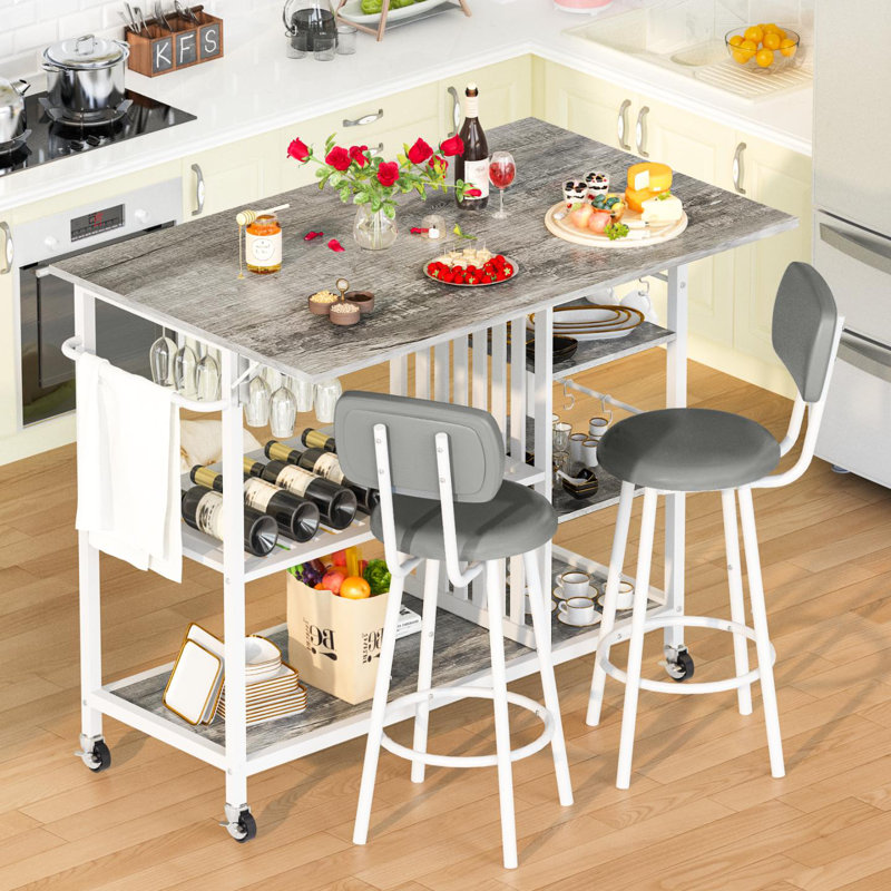 3 - Person Four Leg Dining Set, Bar Table Set With Storage And Wine Shelves, With Counter Height Faux Marble Table And 2 Stools, Space Saving Bar Table And Chairs Set For Dining Room