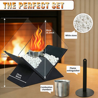 Diamond Glass Large Tabletop Fireplace 10"  Portable Fire Bowl Pot Clean Burning Fireplace for Indoor Outdoor Patio Parties Events(Black)