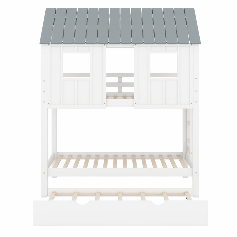 Lit superposé de style maison de jeu avec toit ouvrant, fenêtres et lit gigogne