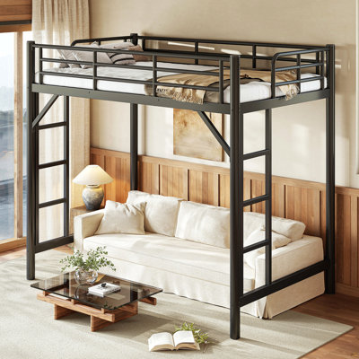 Twin Size Metal Loft Bed, Loft Bed with Easy Climbing Ladder and Guardrails , Black