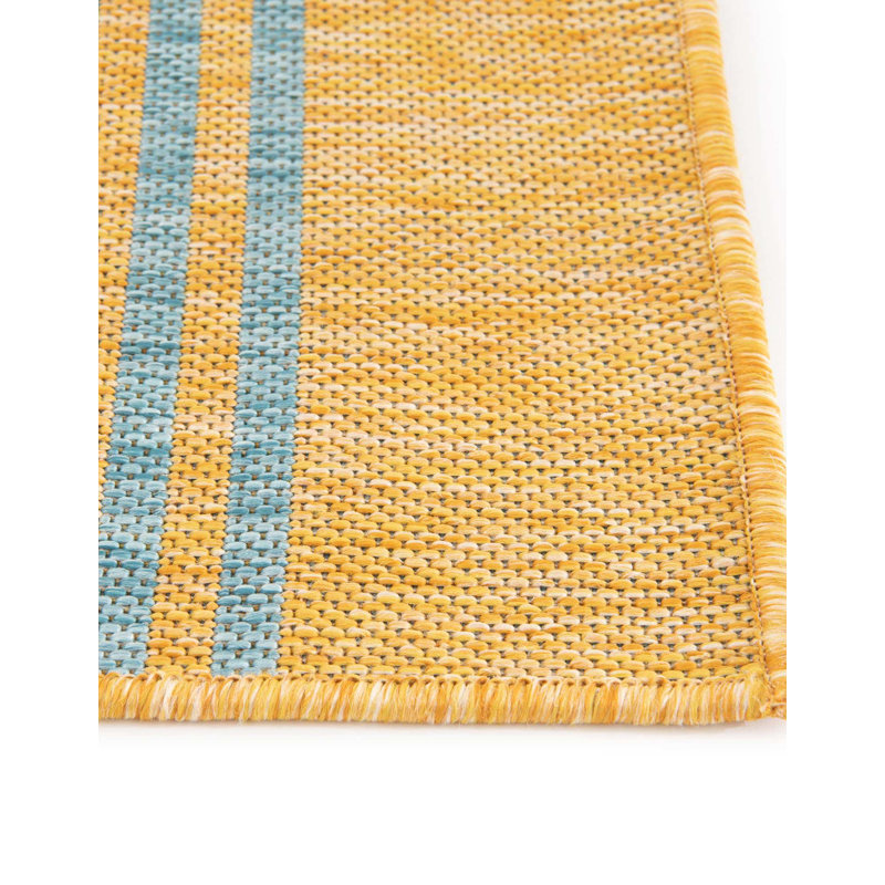 Yellow and Aqua Striped Outdoor Rectangular Rug 4' x 6'