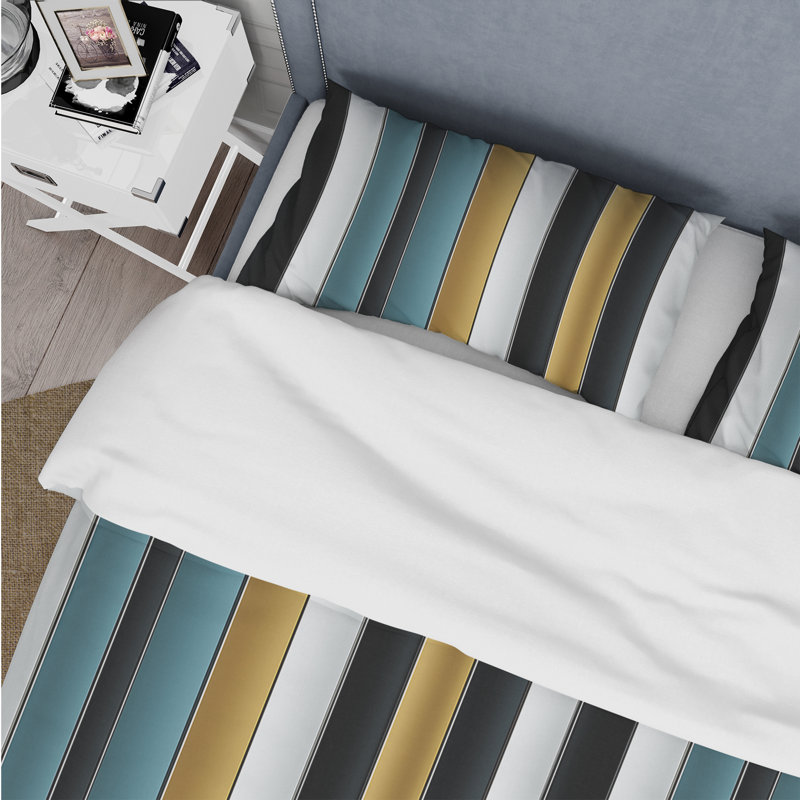 Ensemble de housse de couette vert et doré à rayures fines, Housse de couette pour grand lit et 2 taies décor