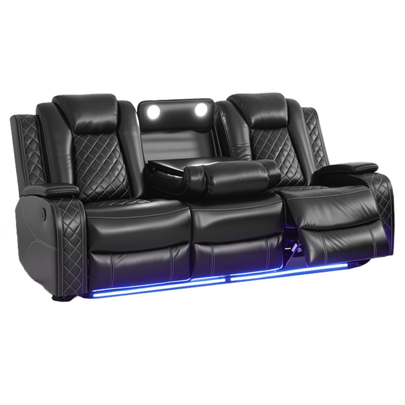 Canapé modulaire inclinable en similicuir noir respirant avec éclairage ambiant à DEL, charge USB et sans fil, porte-gobelets et console de rangement