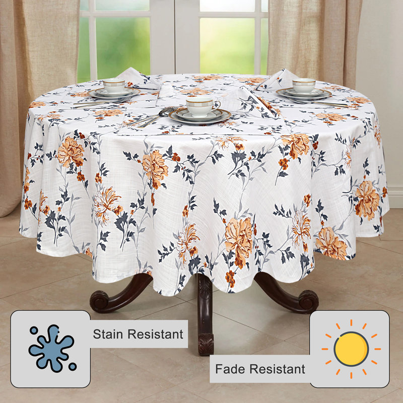 70 Inch Round Floral Cotton Tablecloth in White and Yellow
