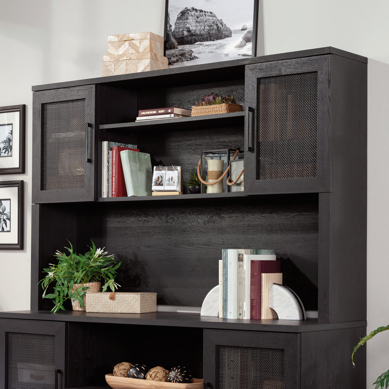Bureau avec esthétique côtière, finition noire, rangement peu encombrant, 4 tablettes, gestion des câbles, pour les espaces de vie, économie, centre ouvert réglable, salle à manger et
