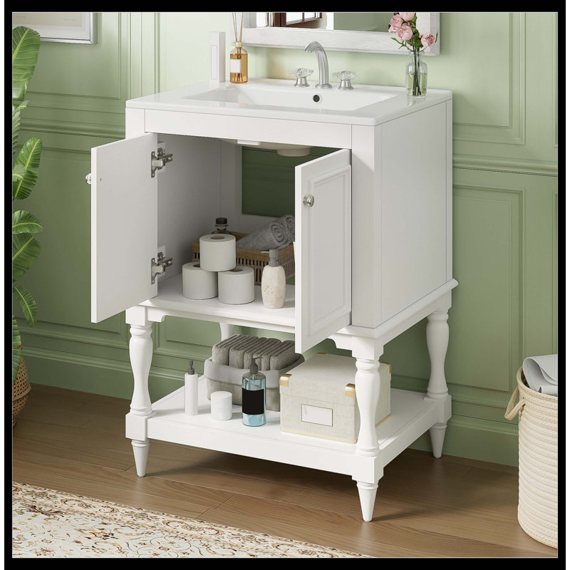 24" Modern Luxury Bathroom Vanity With Ceramic Sink, Cabinet Featuring Open Shelf & Closed Storage Space, White