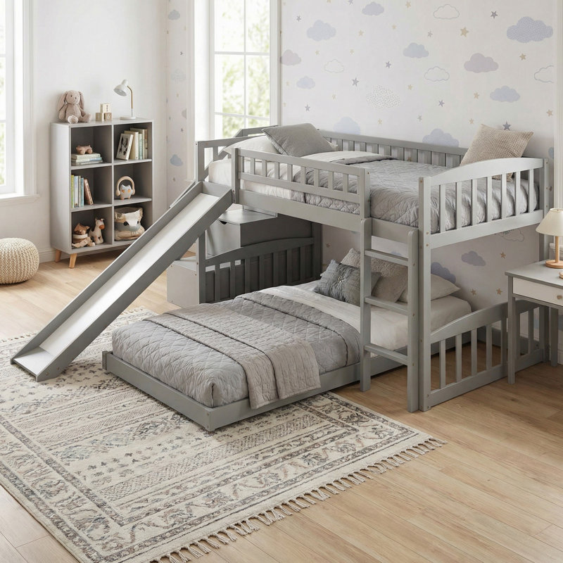 Stairway Solid Wood Twin over Twin Bunk Bed with Two Drawers and Slide for Bedroom, Gray
