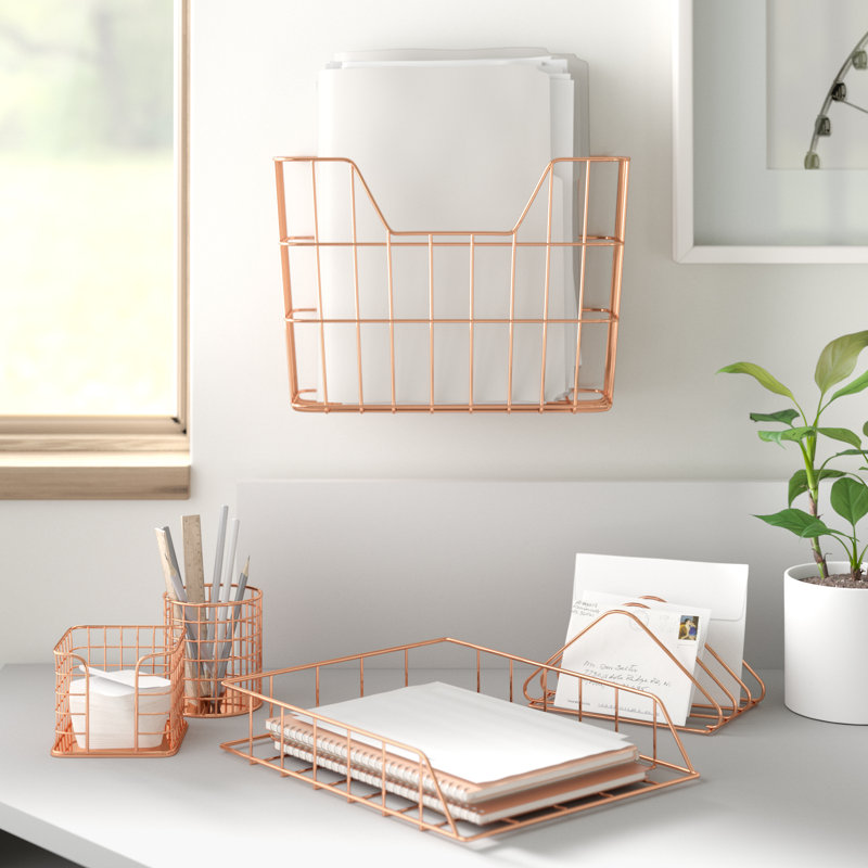 Wire Metal 5 in 1 Desk Organizer Set, Copper