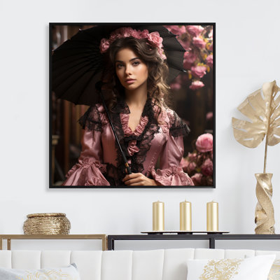 Pink And Black Victorian Woman With Umbrella I - Victorian Woman Wall Art