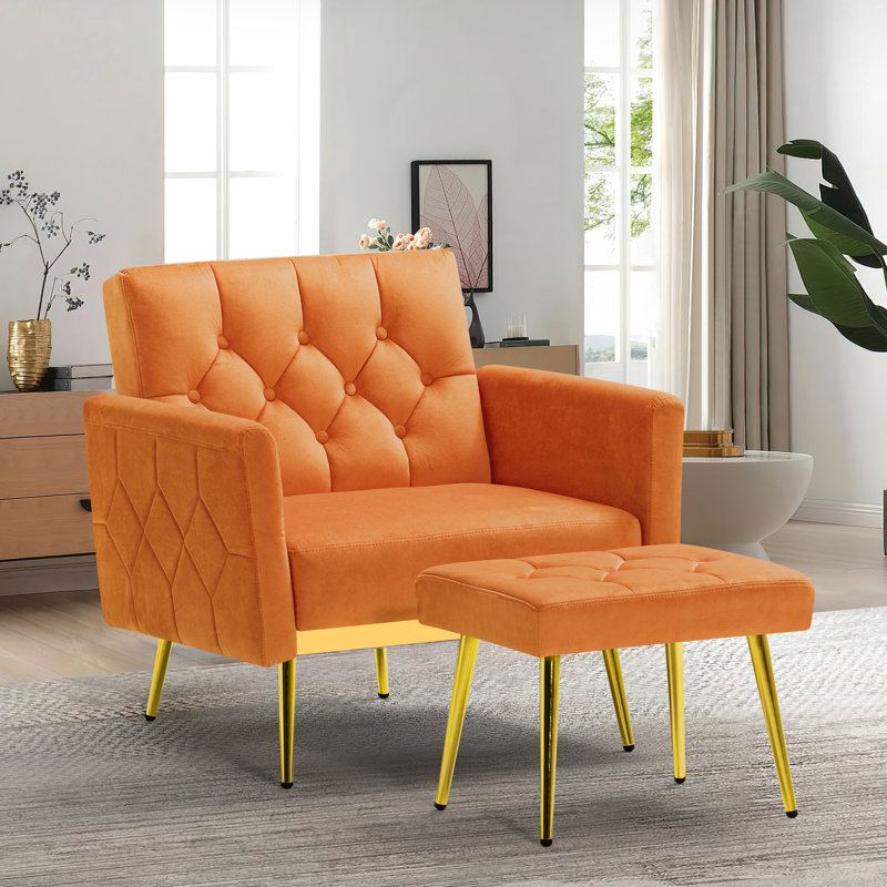 Zianny Velvet Accent Chair with Ottoman, Orange Velvet