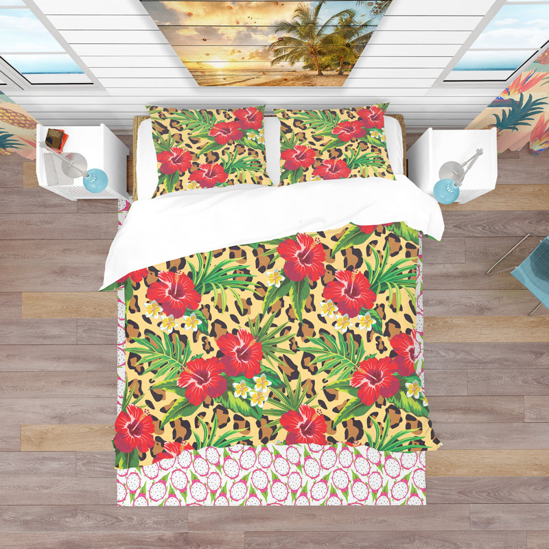 Hibiscus & Plumeria Tropical Flowers with Palm Leaves - Nature Polyester Duvet Cover Set, Twin Duvet Cover + 1 Sham