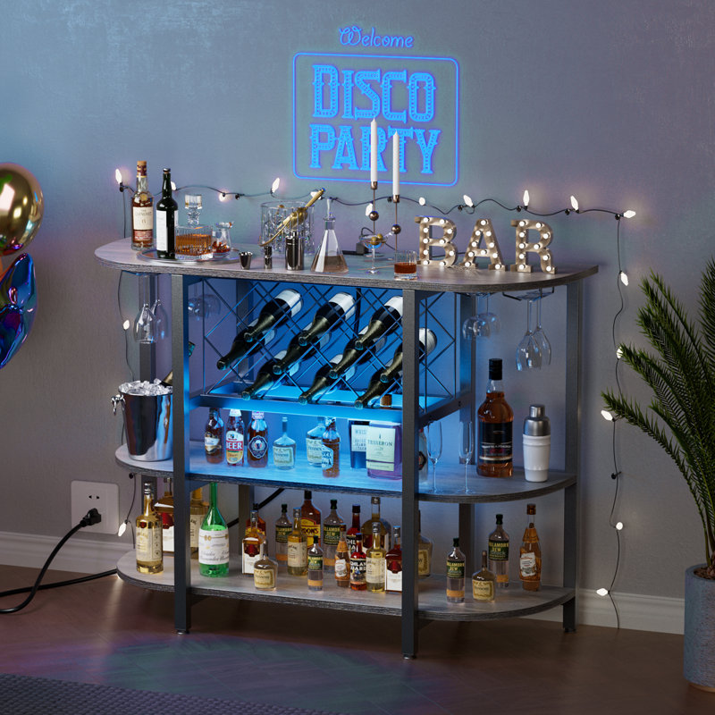 Wine Bar Cabinet with RGB LED Lights Outlet, Home Bar Table for Liquor, Bar Cart with Power Outlet, Kitchen Wine Rack, Gray