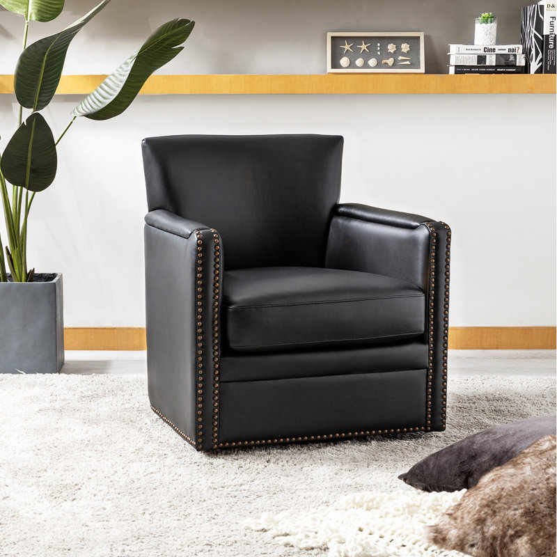 Fauteuil club pivotant en cuir véritable Arsim, Cuir véritable noir