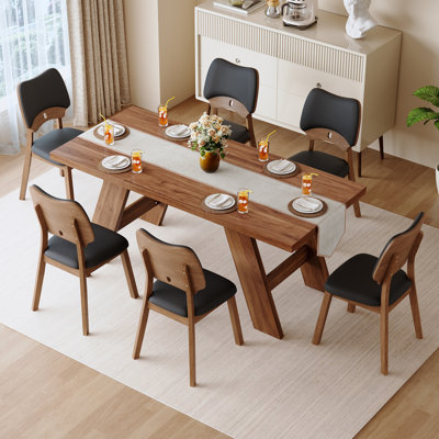 7 - Piece Mid-Century Modern Dining Room Set with 71" MDF Table and 6 Rubberwood Chairs, Trestle Base