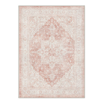 Tapis oriental ivoire / rose lavable à la machine avec envers antidérapant