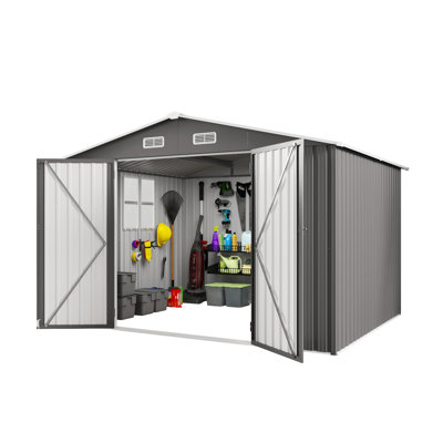 Outdoor Storage Shed 10 X 8 Ft, Gray Metal, Lockable Door, Air Vent, And Cottage - Style Window For Bicycles, Chairs, Easy To Assemble Metal Garden Tool Latch On Double Doors, Vent Windows, Ideal