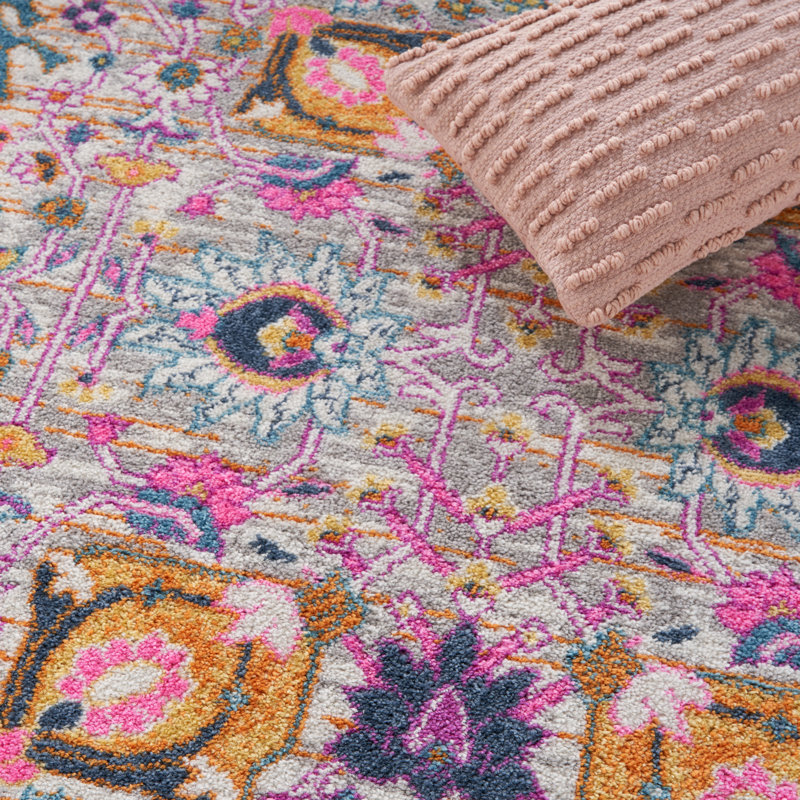 Tapis argenté / orange / rose Justien, Rond 5 pi 3 po