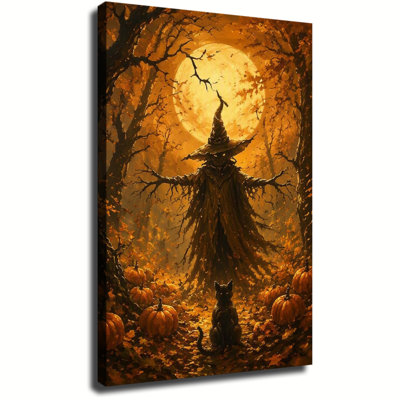 Tableau sur toile représentant un chat noir et un épouvantail pour l'Halloween, impression d'une peinture à l'huile sur le thème de la forêt au clair de lune d'automne, affiche décorative pour les fêtes d'automne.