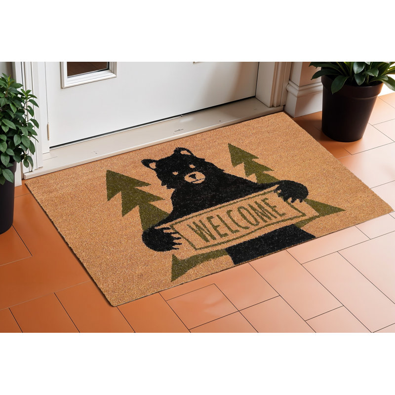 36" Natural And Black Coir Bear Outdoor Door Mat