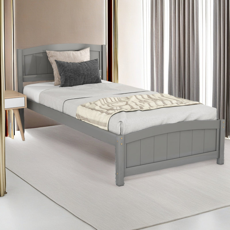 Lit plateforme en bois avec tête de lit, pied de lit et lattes en bois, Gris