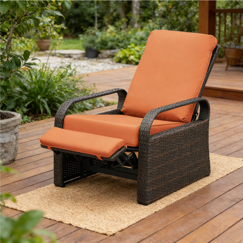 Chaise longue d'extérieur en aluminium et rotin tissé avec coussin orange, Orange
