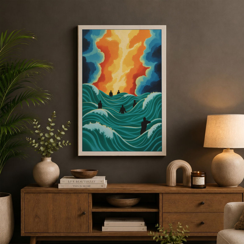 Figure Facing Fire Modern - Wrapped Canvas, 30x20 - 76.2 x 50.8 cm, Terracotta Border