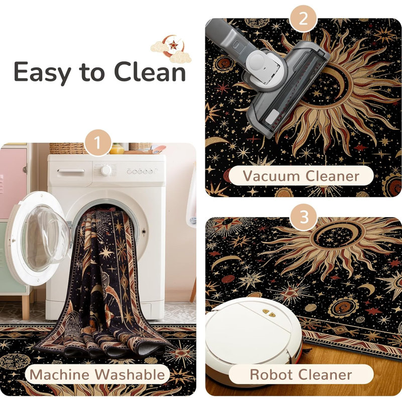 4X6 Area Rugs, Washable Vacuum-Friendly Non-Slip Rug Vintage Boho Sun And Moon Printed Pattern Low Pile Carpet For Living Room Bedroom Dining Room Hallway Entryway,Black Gold Beige Red