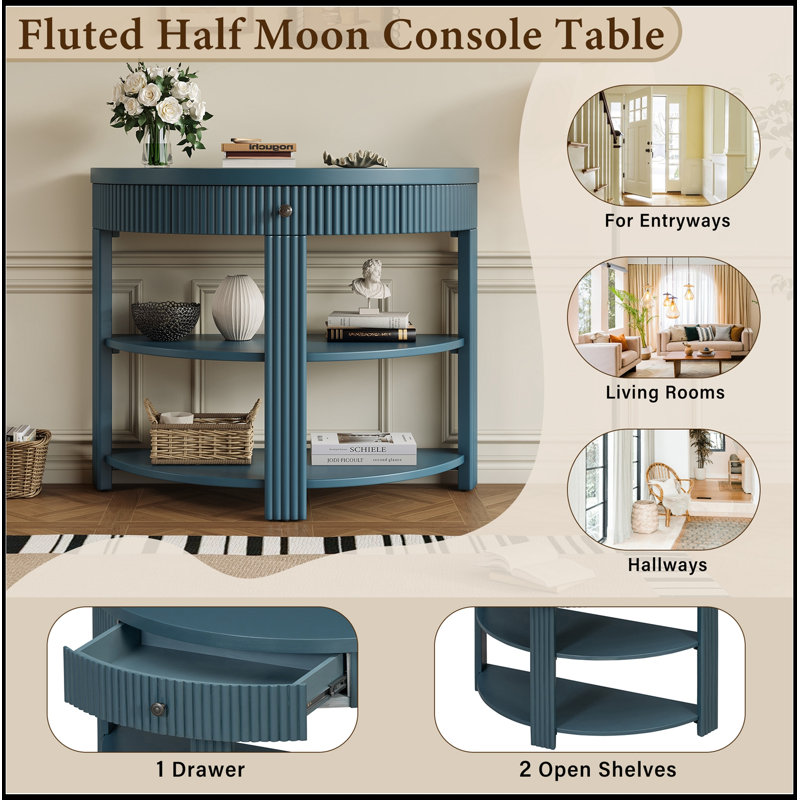 Console demi-lune avec tiroir et 2 tablettes, Navy
