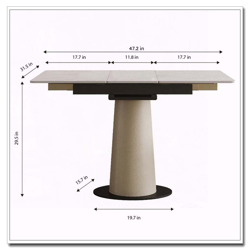 Table de salle à manger rétractable à dalle carrée avec base en cuir, Base plate ronde blanche