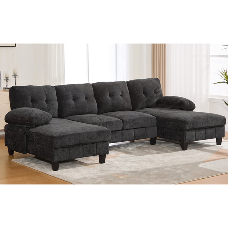 Black, U-Shaped , Dual Chaise Lounges, Storage, Armrest Pillows Side, Black Chenille, 32.57" H x 100.97" W x 54.92" D