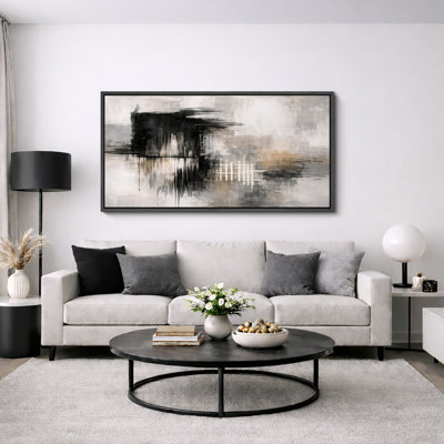 Abstract Black White Neutral Composition Artwork, Modern Living Room Pictures, Framed Canvas Giclee Print Wall Art