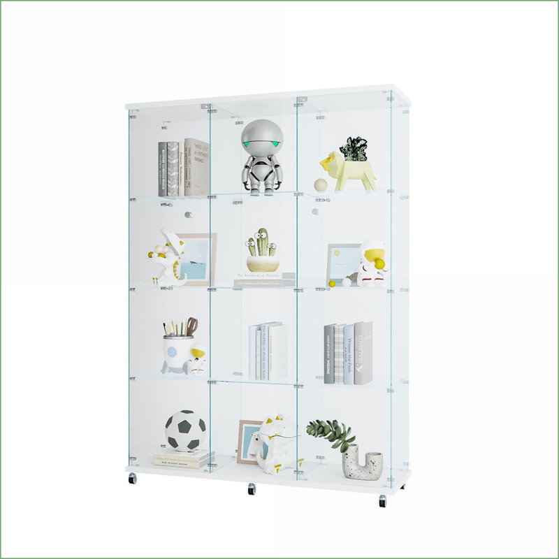 Cabinets, très grande vitrine moderne à 4 tablettes en bois massif, facile à assembler | Noir | Verre, Argent argent
