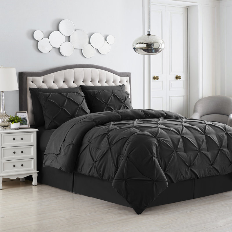 Ensemble d'édredon 8 pièces lit dans un sac Pintuck avec draps, Noir, Grand