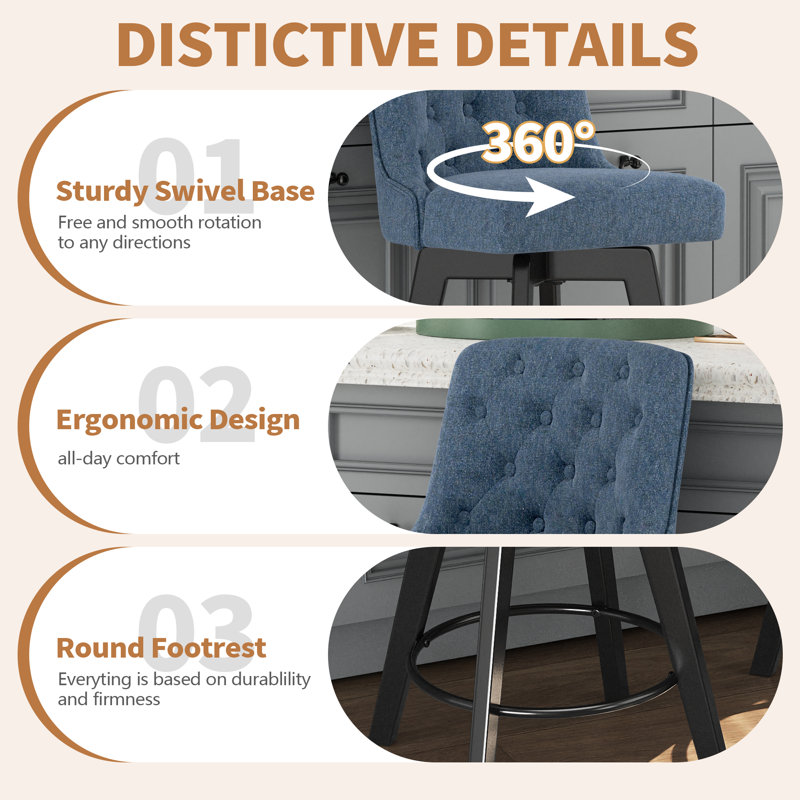Swivel Upholstered 26'' Counter Stool Wood Leg, Navy, Counter Stool (26" Seat Height), 2